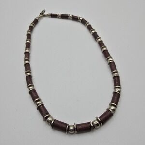 Brown Beaded Necklace Silver Tone Spacers Boho Rustic Southwestern‎